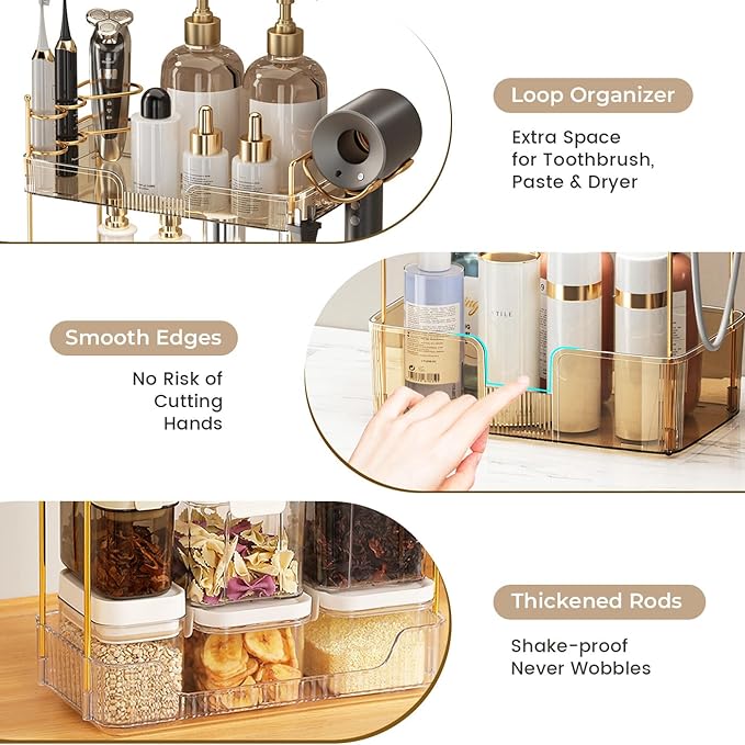 Aveniee Bathroom Counter Organizer,3 Tier Skincare Perfume Countertop Storage with Hair Dryer Rack and Toothbrush Holder, Cosmetic Makeup Tray for Vanity - Gold