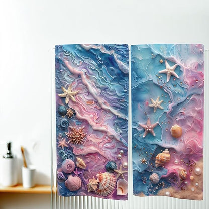 Marble Texture Kitchen Towels Set of 2 Starfish Shells Pearls Dish Towels Gifts for Women 16x24 Tabletop Decor Marble