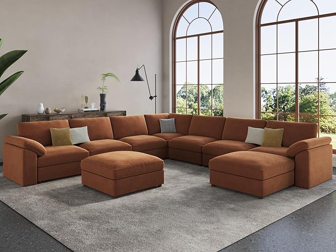 EASE MOOSE Oversized Modular Sectional Sofa with Ottoman, Modern Luxury Wide Deep Modular Couch, U Shaped Couch for Big Spaces Living Room, Brown