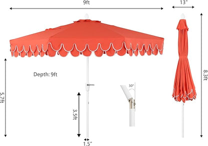 JONATHAN Y UMB1002F Tracy 9 ft. Classic MidCentury Scalloped Fringe Market Patio Umbrella with Auto-Tilt Crank, Wind Vent and UV Protection in Coral Red/White, White Pole