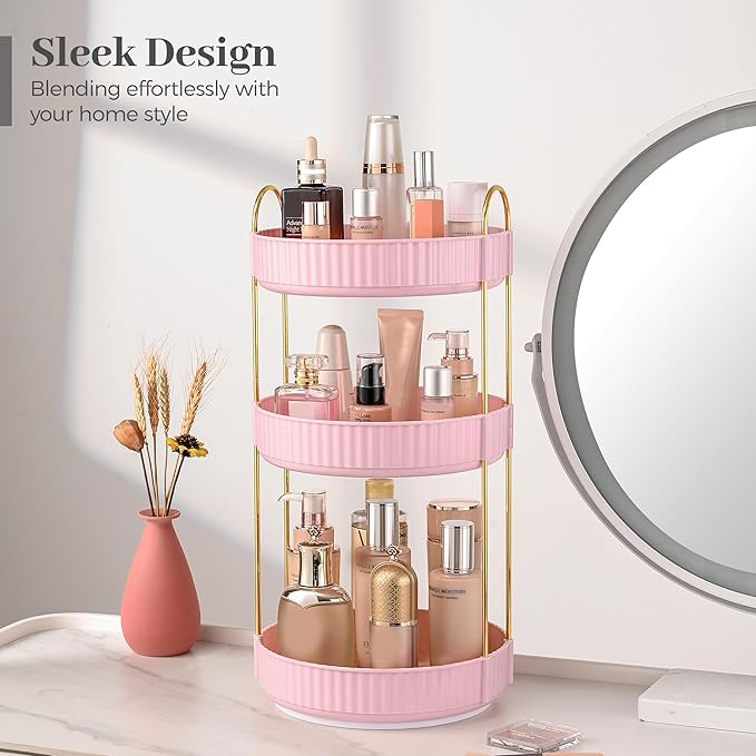 Aveniee 360 Rotating Makeup Organizer for Vanity, Skincare Perfume Organizers Large, Spinning Bathroom Counter Shelf Holder for Cosmetics, Skin Care, Lipsticks,3 Tiers, Pink
