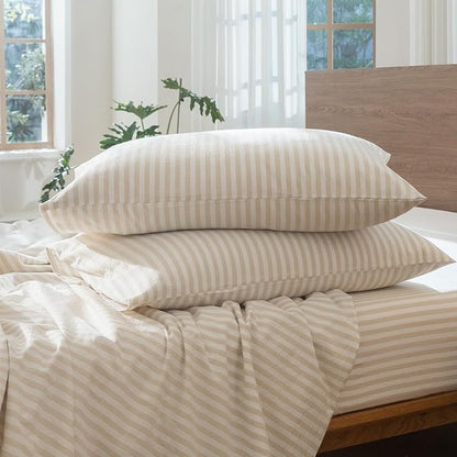 MooMee Striped Duvet Cover Set 100% Washed Cotton Linen Like Textured Breathable Durable Soft Comfy (Almond Milk Grey Classic Stripes, Twin 68"x90")