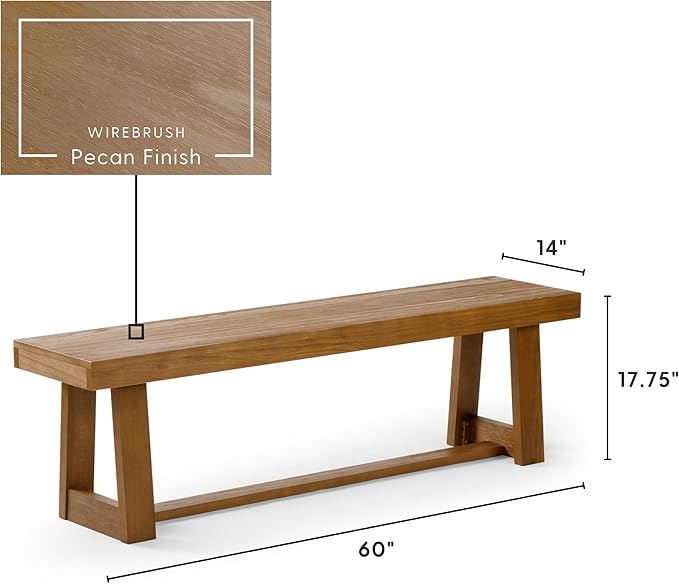 Plank+Beam 60 Inch Farmhouse Dining Bench, Solid Wood Entryway Bench, Wooden Outdoor Bench, Kitchen Dining Seat, Dining Room, Home Office, Living Room Furniture, Easy Assembly, Pecan Wirebrush