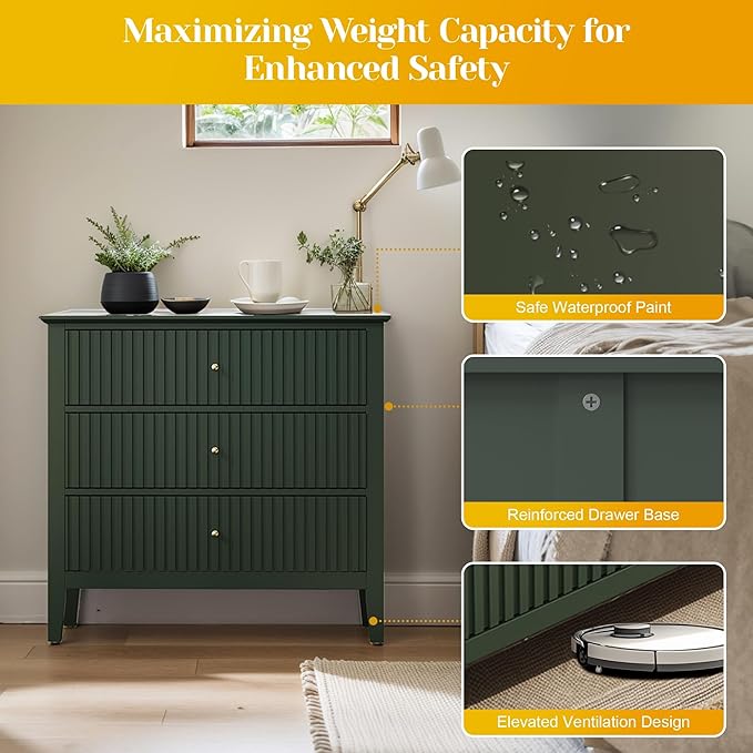 Large Green 3 Drawer Dresser, Painted 30 Inch Tall Wood Nightstand with Storage, Wide Modern Chest of Drawers with Ball Bearing Slide for Bedroom Hallway Living Room Entryway Office