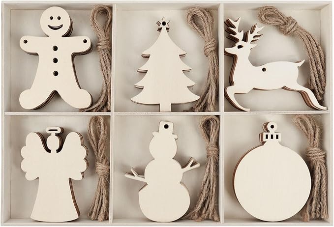 MACTING 30PCS Wooden Christmas Ornaments Unfinished Predrilled Natural Wood Slices DIY Blank Hanging Ornaments Kit for Crafts Centerpieces Christmas Tree Decorations, 6 Styles