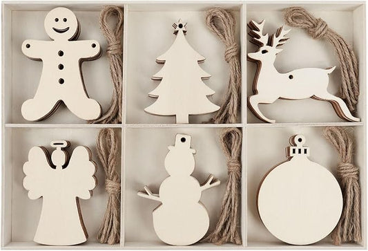 MACTING 30PCS Wooden Christmas Ornaments Unfinished Predrilled Natural Wood Slices DIY Blank Hanging Ornaments Kit for Crafts Centerpieces Christmas Tree Decorations, 6 Styles