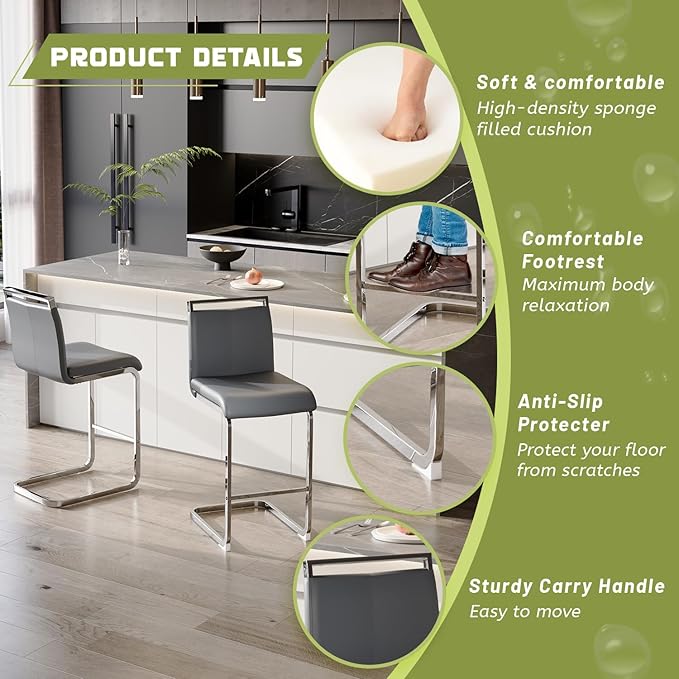 Bar Stools Set of 4,25" Counter Height Bar Stools with Footrest,Grey Faux Leather Kitchen Stools with Chrome Plated Metal Leg,Counter Height Stool Ideal for Island Pub Kitchen Counter Dining Chair