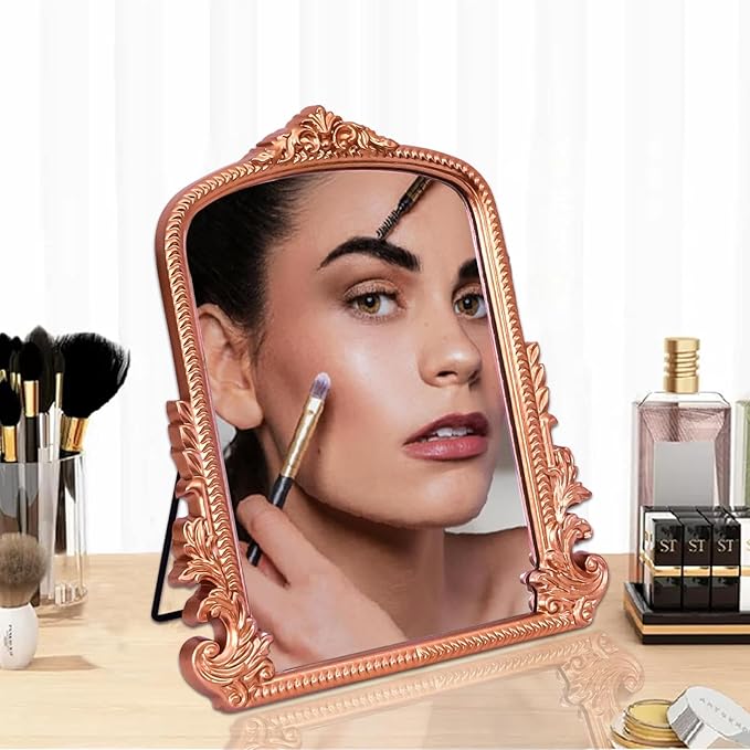 Rose Gold Makeup Mirror, Small Standing Vanity Mirror Decorative Ornate Arched Desk Mirror with Carved Wood Frame, for Bedrooms,Living Rooms Table Top and Salon 11.8" x 9.6"