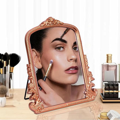 Rose Gold Makeup Mirror, Small Standing Vanity Mirror Decorative Ornate Arched Desk Mirror with Carved Wood Frame, for Bedrooms,Living Rooms Table Top and Salon 11.8" x 9.6"