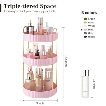 Aveniee 360 Rotating Makeup Organizer for Vanity, Skincare Perfume Organizers Large, Spinning Bathroom Counter Shelf Holder for Cosmetics, Skin Care, Lipsticks,3 Tiers, Pink