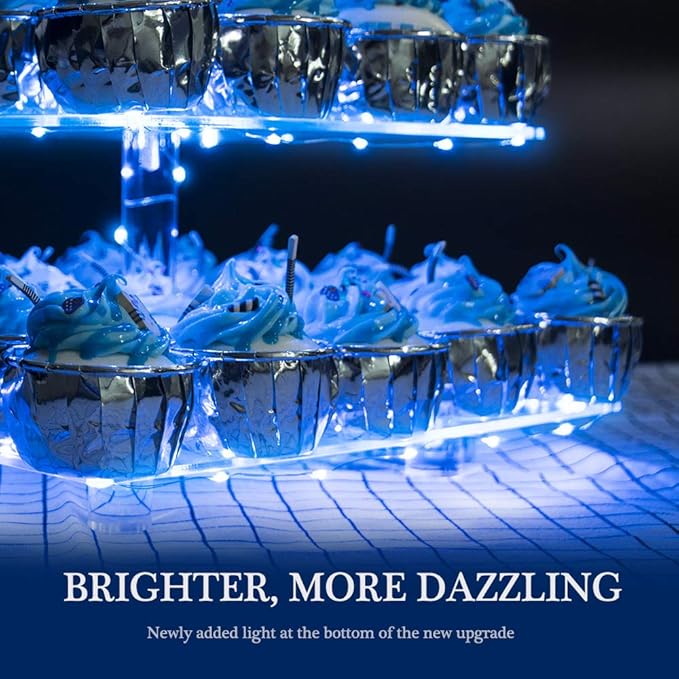 YestBuy 4 Tier Acrylic Cupcake Stand Afternoon Tea Cake Stand Large Cupcake Stand Cupcake Tower Cupcake Holder for Pastry + LED Light String Ideal for Weddings Birthday Bar Party Décor (Blue Light)