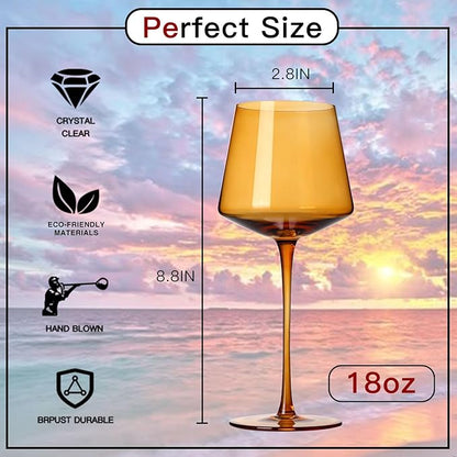Colored Wine Glasses Set of 6 – 18oz Hand-Blown Crystal Stemmed Wine Glasses, Vibrant Sunset Square stemware for Red & White Wine, Unique Gift for Wedding, Anniversary, Birthday