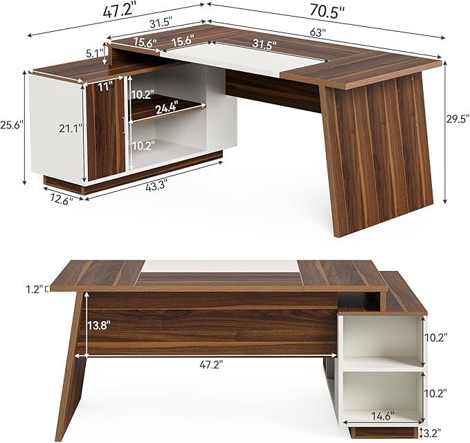 LITTLE TREE 70.5-Inch Executive Desk, Large Home Office Desk with Storage Cabinet and Open Shelves, L-Shaped Computer Corner Desk, Workstation for Office Home, Walnut and Black