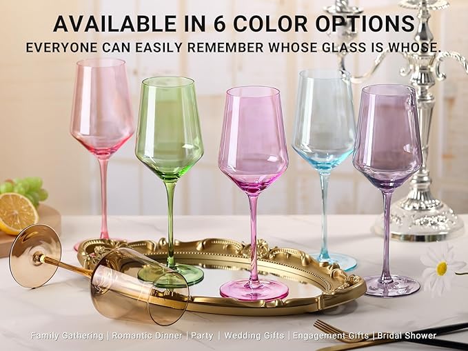 Physkoa Colored Wine Glasses Set of 6-15oz Hand Blown Crystal Colorful Glassware with Long Stem, Multicolor Glassware for Wine Lovers, Wedding, Birthday Mother's Day Easter Gifts for Women