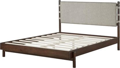 Premium Rubber Wood Platform Bed Frames, Queen Size Headboard Included, Mid Century Modern Bed, Walnut+Light Grey