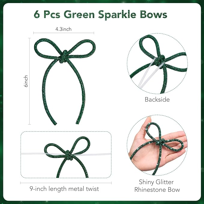 FLAIR GIFTS 6 Pcs 4.3" x 6" 2025 Christmas Bows for Tree Decor, Green Sparkly Glitter Rhinestone Bow Ornaments with Twist Tie for Xmas Decoration, Wreath, Garland, Gift Wrapping