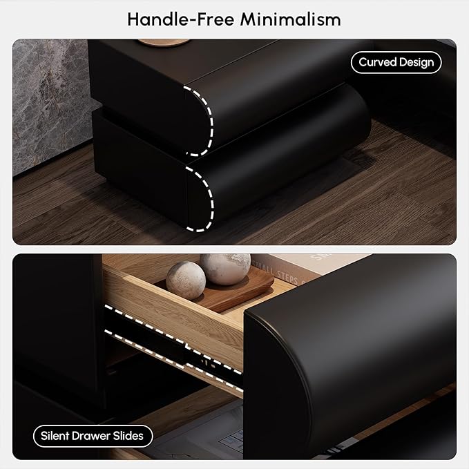 homary 2-Drawer Smart Nightstands Set of 2 with Wireless Charging Station, USB & Type-C Ports, Faux Leather Black Night Stands Modern Bedside Tables for Bedroom Storage, Fully Assembled