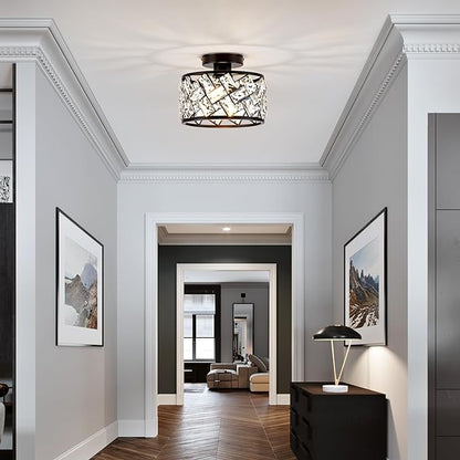 Crystal Ceiling Light Fixture, Modern Semi Flush Mount Ceiling Light,Crystal for Kitchen Bedroom Bathroom Entryway, Black Finish