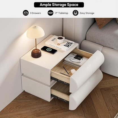 homary Smart Nightstand with Wireless Charging, USB & Type-C Ports – Modern White Faux Leather Nightstand with 2 Drawers, Bedside Table with Charging Station for Bedroom Living Room