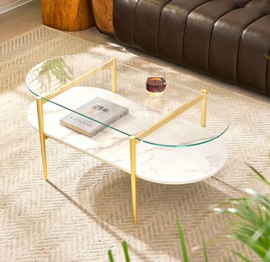 AGV LIGHTING Oval Rectangle Coffee Table with Clear Glass Top, Modern Coffee Table, White Marble MDF Shelf and Glod Metal Legs, Capsule Shape 2 Tier Coffee Table for Living Room, 42 Inch