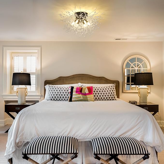 HMVPL Black Ceiling Light Fixture,6-Light Firework Sputnik Flush Mount Ceiling Light with K9 Crystal String,Modern Close to Ceiling Light for Bedroom Bathroom Hallway Kitchen Entrance Closet