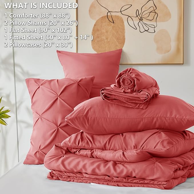 CozyLux Queen Comforter Set Coral, 7 Pieces Pintuck Bed in A Bag, Premium Coral Comforter Queen Size, Pinch Pleat Bedding Sets with Comforter, Flat Sheet, Fitted Sheet, Pillowcases & Shams