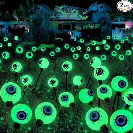 2 Pack Halloween Outdoor Decorations Solar Eyeball Lights, 12 LED Green Eyeball Swaying Firefly Light with 2 Lighting Modes, Halloween Decor Waterproof for Patio Yard Lawn Graveyard Props