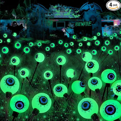 4 Pack Solar Halloween Lights Outdoor, Solar Eyeball Lights, 24 LED Green Eyeball Swaying Light with 2 Lighting Modes, Waterproof Outdoor Halloween Decorations for Walkway Yard Lawn Horror Party