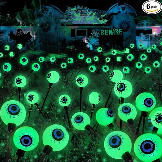 2025 Upgraded 6 Pack Halloween Decorations Outdoor, Green Solar Eyeball Lights, 36 LED Eye Balls Swaying Firefly Light Waterproof (Soft Glowing or Steady on) for Garden Lawn Pathway Grave Yard Decor