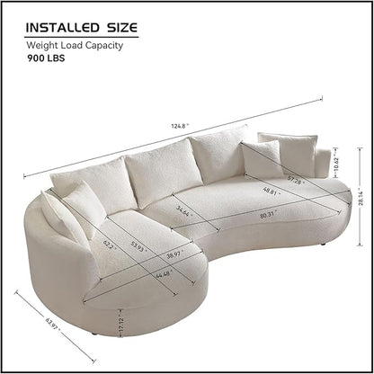 125'' Modern Curved Cloud Sofa Luxury Living Room 5 Seater Combo Sofa Cloud Curve Design Mid Century Upholstered Sofa with Ottoman for Living Room Bedroom Apartment(Boucle+Left Facing, Beige)