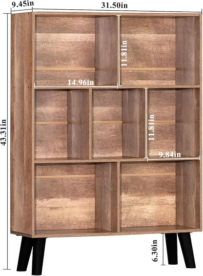 LEYAOYAO 7 Cube Bookshelf 3 Tier Modern Bookcase with Legs,Wood Book Shelves Storage Organizer Shelf,Free Standing Bookcases,Oak Display Bookshelves