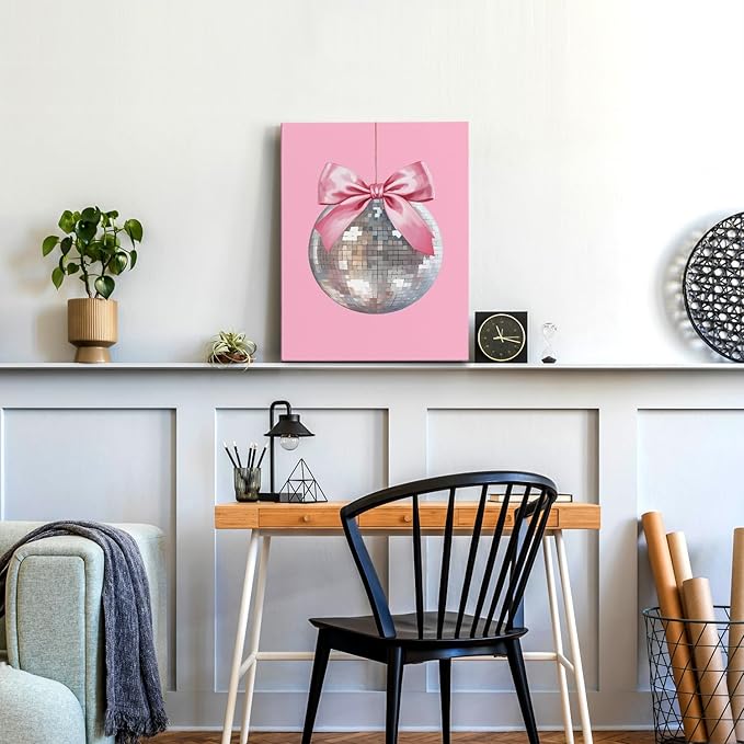 APJYM Pink Coquette Room Decor, Funky Y2K Disco Ball Preppy Wall Art, Preppy Room Decor, Trendy Retro Pink Aesthetic Posters Wall Decor for Teen Girls Bedroom Dorm Apartment Decor, 11x14 Inches Framed