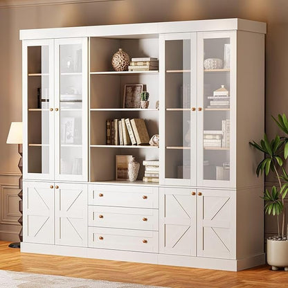 Vyre 71" Tall Modular Farmhouse Bookcase with Glass Doors & Drawers, Set of 3 – Large Storage Cabinet with Adjustable Shelves for Living Room or Kitchen, White