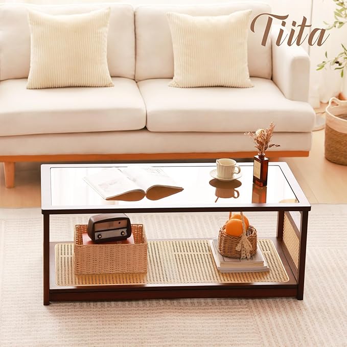 Tiita Coffee Tables for Living Room，Mid Century Modern Storage 2-Tier Coffee Tables，Rattan Glass RectangleTables，Suitable for Living Room Apartment，Brown