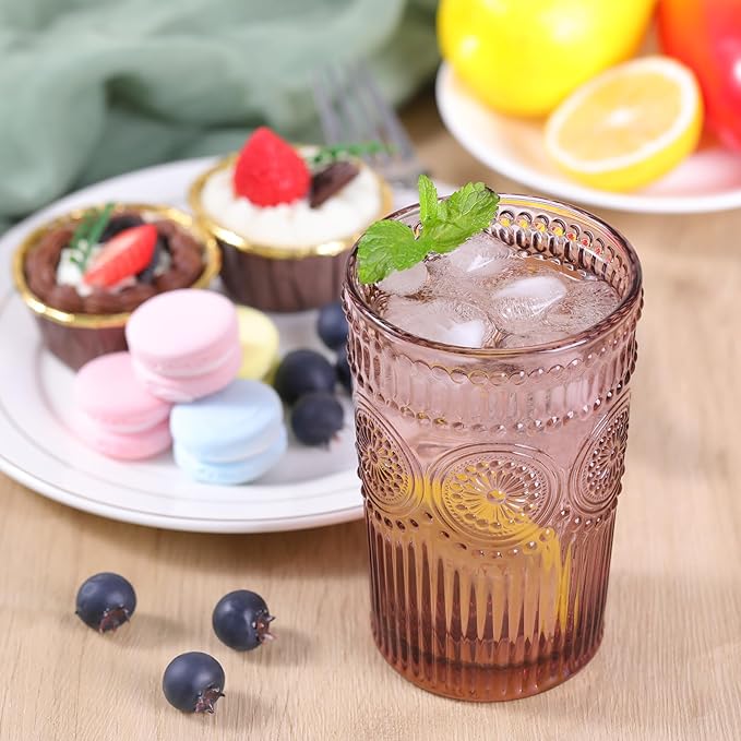 Vintage Glassware Drinking Glasses Set of 4-13 oz Purple Highball Glasses Water Tumbler, Embossed Glassware Cups for Juice, Beer, Cocktail, Whiskey, Various Mixed Drinks