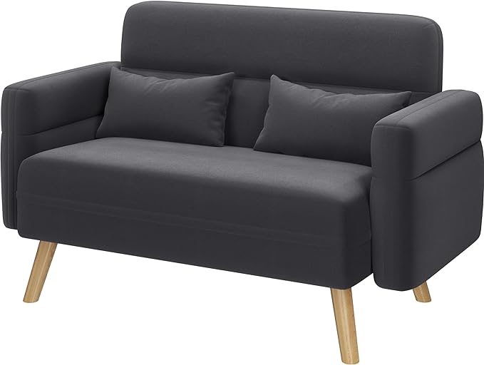 Yaheetech 46" Small Modern Fabric Loveseat Mid Century 2 Seater Sofa with Lumbar Pillows Solid Wood Legs, Dark Gray