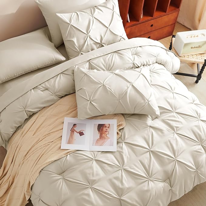 CozyLux Queen Comforter Set Oatmeal, 7 Pieces Pintuck Bed in A Bag, Premium Oatmeal Comforter Queen Size, Pinch Pleat Bedding Sets with Comforter, Sheets, Pillowcases & Shams