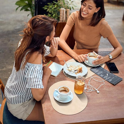 ADRIMER Placemats, Heat Resistant Oval Placemats Set of 6 Washable 12 x 17 Inch, Waterproof Table Mats, Wipeable Pu Place Mats for Kitchen, Dining Room, Beige