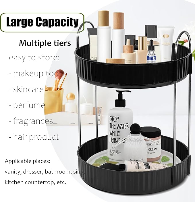 Rotating Makeup Organizer Countertop 2 Tier Lazy Susan Spinning Skincare Perfume Storage for Bathroom Counter Vanity, Black