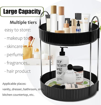 Rotating Makeup Organizer Countertop 2 Tier Lazy Susan Spinning Skincare Perfume Storage for Bathroom Counter Vanity, Black