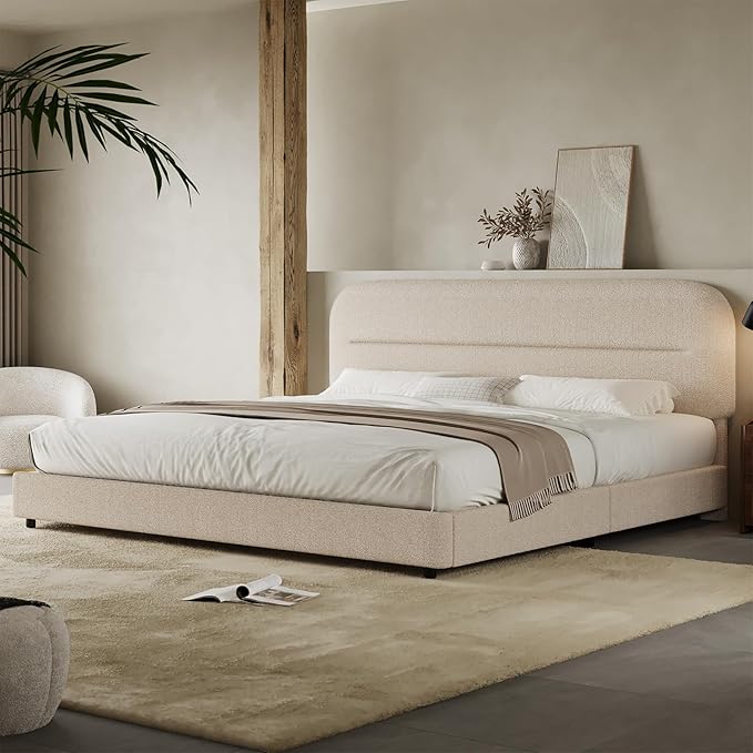 King Size Boucle Bed Frame, Upholstered Cloud Bed Frame with Headboard, Soft Platform with Thickened Footboard, Rounded Corners, No Box Spring Required, Easy Assembly, Beige