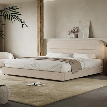 King Size Boucle Bed Frame, Upholstered Cloud Bed Frame with Headboard, Soft Platform with Thickened Footboard, Rounded Corners, No Box Spring Required, Easy Assembly, Beige