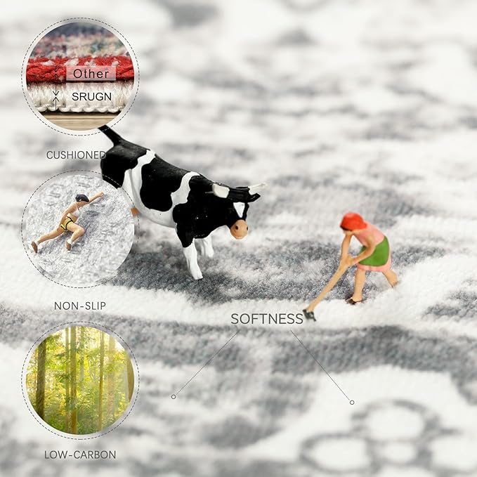 Washable Rugs 8x10 Area Rugs for Living Room,Rugs for Bedroom,Large Carpets,Ultra Soft Faux Wool Retro Dining Room Rug,Non Slip&Non-Shedding Low Pile Vintage Print Rug for Home Office-Grey