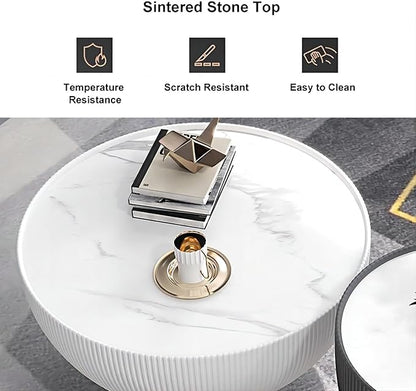 homary 2-Piece Round Coffee Table Set with Sintered Stone Top, Stainless Steel Base PU Leather Upholstery, Modern Drum-Shaped Coffee Table for Living Room