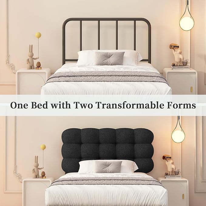 BarnFurin Twin Bed Frame, Platform Bed with Upholstered Headboard, Teddy Soft Boucle Fabric Bed Frame with Wooden Slats Support, Two Bed Forms Design, No Boxing Spring Needed, Easy Assembly, Black