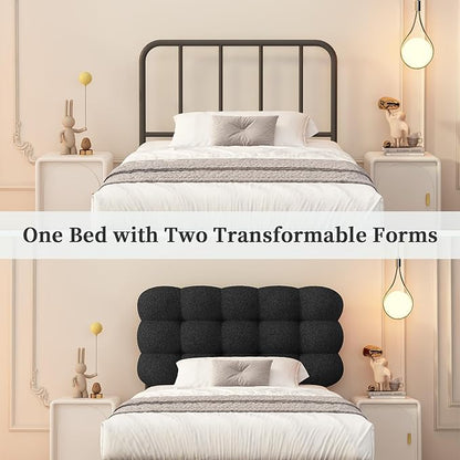 BarnFurin Twin Bed Frame, Platform Bed with Upholstered Headboard, Teddy Soft Boucle Fabric Bed Frame with Wooden Slats Support, Two Bed Forms Design, No Boxing Spring Needed, Easy Assembly, Black
