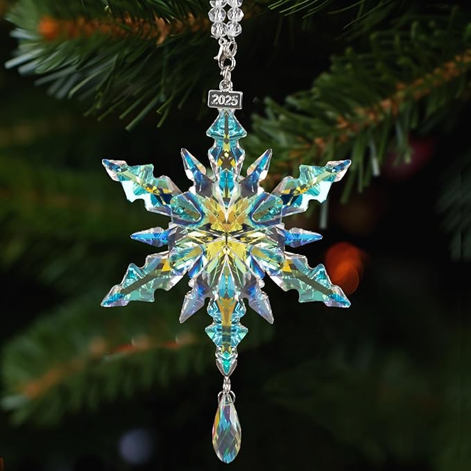 kockuu Christmas Crystal Snowflake Ornament Decoration, AB Color Crystal Snowflake Hanging Ornament for Tree with Tag 2025 Engraved for Winter Xmas Tree Keepsake Gifts Holiday Home Decor