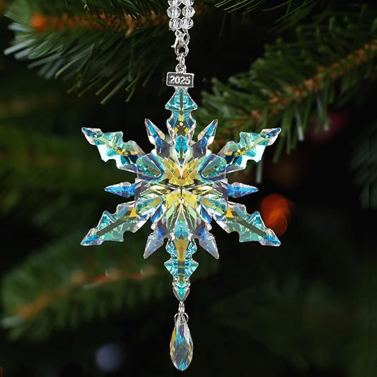kockuu Christmas Crystal Snowflake Ornament Decoration, AB Color Crystal Snowflake Hanging Ornament for Tree with Tag 2025 Engraved for Winter Xmas Tree Keepsake Gifts Holiday Home Decor