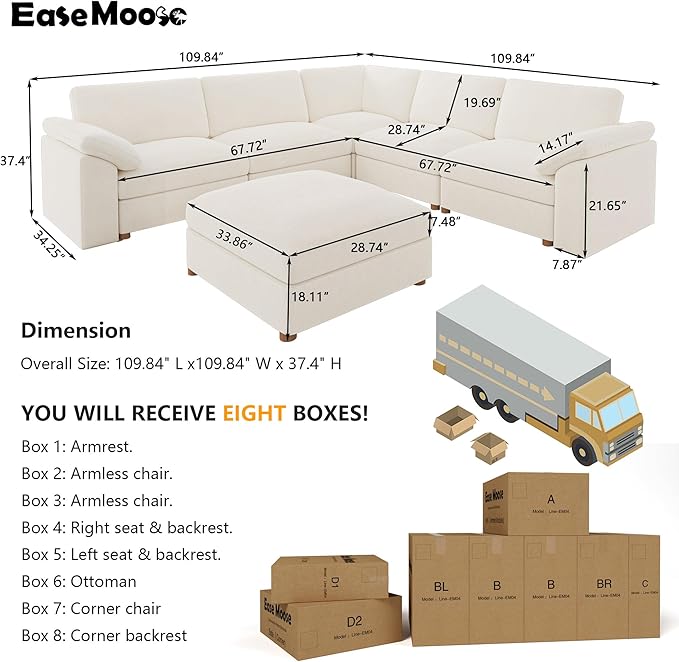 EASE MOOSE Modular Sectional Couch,Chenille Large L Shape Sectional Sofa Modern Luxury Deep seat Modular Sofa Removable and Washable,White