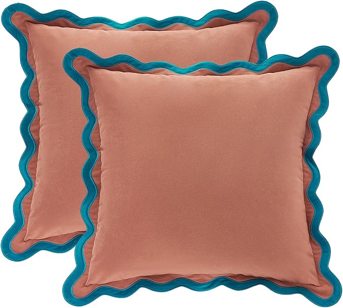 MONDAY MOOSE Decorative Throw Pillow Covers Cushion Cases, Set of 2 Soft Velvet Scalloped Wavy Edge Designs, Mix and Match for Home Decor, Pillow Inserts Not Included (Teal/Pink, 18x18 inch)